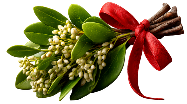 Elegant mistletoe bouquet tied with a festive red ribbon, perfect for holiday cheer on transparent background