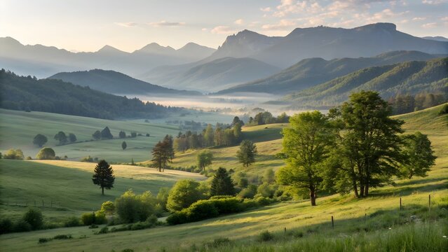 A scenic view of green hills and mountains with morning mist in the valley and trees in the field