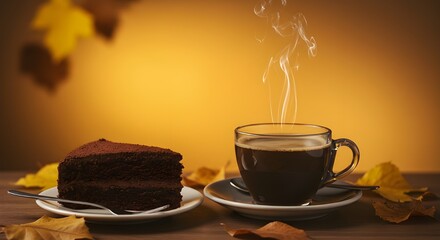 A cup of coffee and a slice of cake arranged on a table, perfect for an afternoon treat.