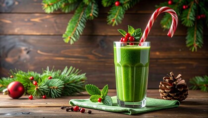 Festive green smoothie with candy cane and christmas decor on rustic wood background for wellness and healthy holiday vibes.
