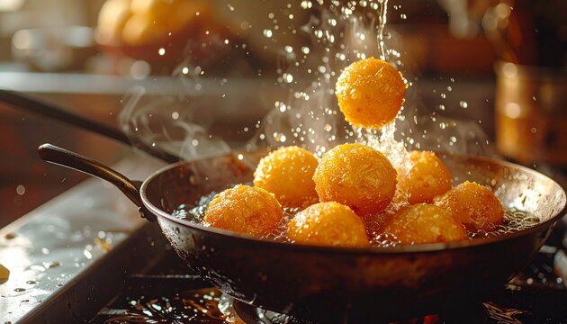Frying golden crispy balls in a sizzling pan with splash of oil for delicious culinary creation in a commercial kitchen.