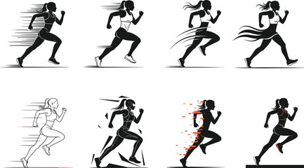 Running woman icon set, stylized motion silhouettes with abstract effects, speed, fitness, energy, dynamic pose, vector design, black grid