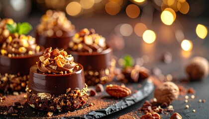 Rich Chocolate Desserts with Festive Holiday Bokeh for Gourmet Treat Promotions and Celebrations.