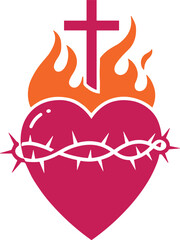 Sacred Heart with thorns, flames, and cross, vector illustration for Christian symbolism, spiritual devotion, and editorial religious content