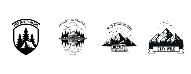 Obraz premium Outdoor adventure logos with nature scenes and inspirational quotes