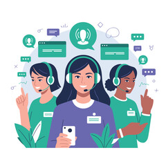 Customer Support Team with Headsets Providing Online Communication and Assistance Illustration