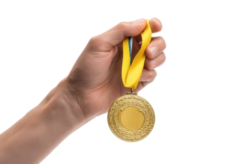 Hand Holding Gold Medal with Yellow Ribbon isolated on transparent background