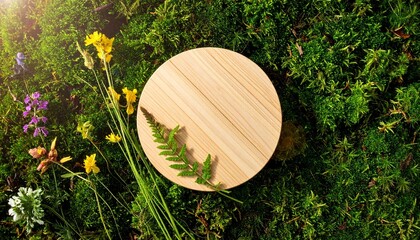 Fototapeta premium Natural Product Display Podium on Moss with Flowers and Fern Minimalist Presentation Organic and Eco-Friendly Concept.