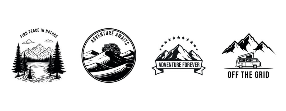 Adventure badges with mountains, camper vans, and inspiring slogans