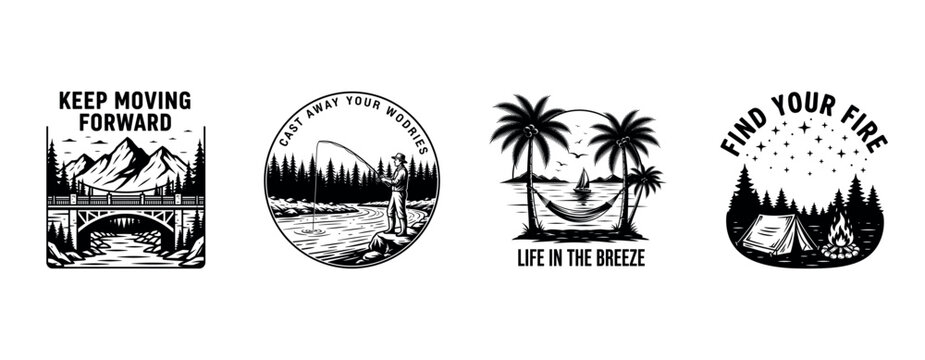 Adventure-themed badges: camping, fishing, and nature landscapes in monochrome