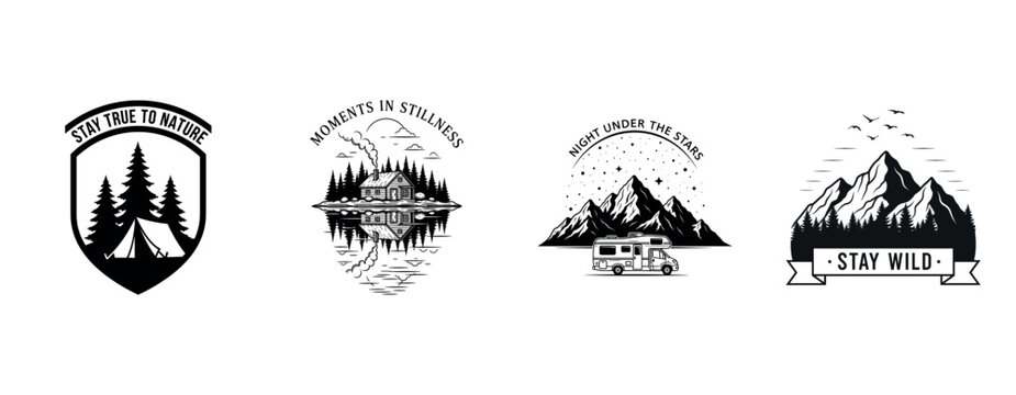 Outdoor adventure logos with nature scenes and inspirational quotes