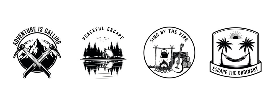 Set of four outdoor themed icons featuring adventure, camping, music, and relaxation