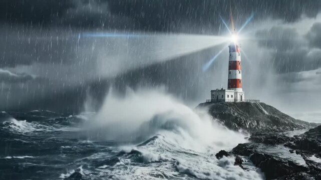 Dramatic lighthouse beam cuts through storm as waves crash against rocky shore offering hope and guidance during turbulent times video