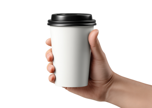 Hand Holding Blank Coffee Cup isolated on transparent background