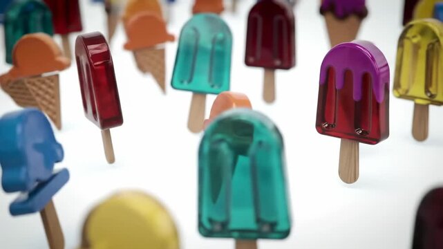 A colorful array of popsicles and ice cream cones on sticks are arranged on a white surface
