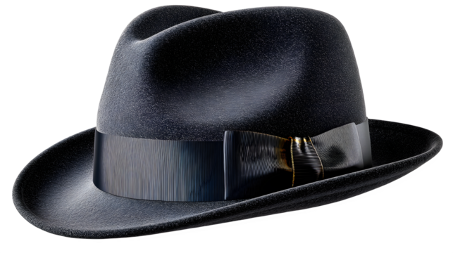 Elegant black fedora hat with ribbon detail, perfect for vintage fashion statements now on transparent background