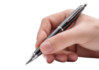 Close-up of a hand holding a sleek black pen isolated on transparent background