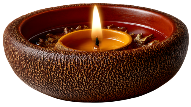 Warm candle light in textured bowl creates relaxing mood for spa or aromatherapy use on transparent background