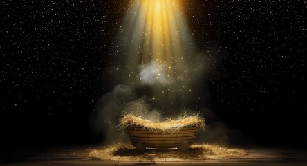 Empty wooden manger with straw under divine light beam. Nativity scene background with starry night sky. Christmas religious concept with copy space