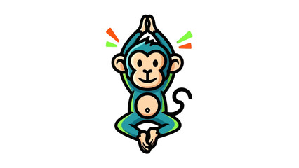 A cartoon monkey in a yoga pose with its hands clasped above its head and a serene expression.