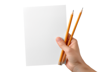 Hand Holding Pencils and Blank Paper isolated on transparent background