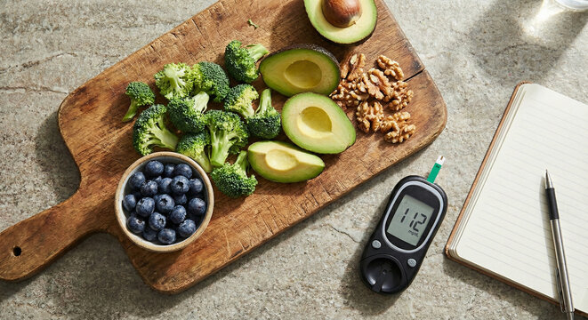 Meal Preparation for Diabetics. Top view. Blood glucose meter