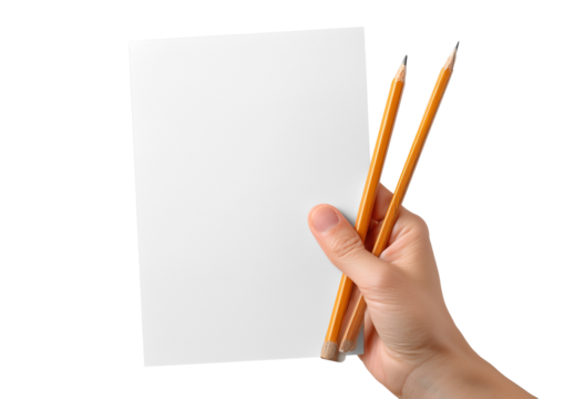 Hand Holding Pencils and Blank Paper isolated on transparent background