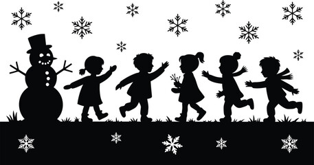 Black silhouettes of happy children running in a snowy landscape with a friendly snowman and falling snowflakes