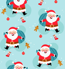 cute Christmas Santa seamless pattern for kids, carrying gift design background, vector illustration 