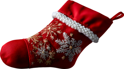 Festive red Christmas stocking with snowflakes, ready for Santa's gifts and holiday cheer on transparent background