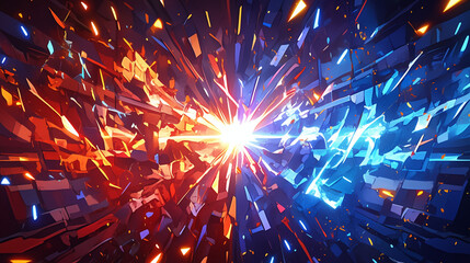 赤と青のエネルギーが衝突する対決の背景、スタジアムの照明と稲妻のエフェクト