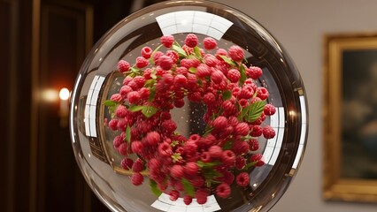 Decorative Glass Sphere Reflecting Raspberry Flower Arrangement in Elegant Interior