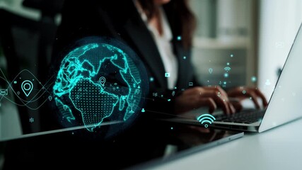 A professional woman types on a laptop with a glowing digital world map overlay, emphasizing technology and connectivity in a modern office setting. Xenic - Powered by Adobe