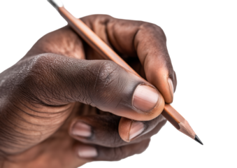 Close-Up of Hand Holding Pencil isolated on transparent background