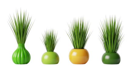 Four potted green plants with different colored pots transparent background cutout png