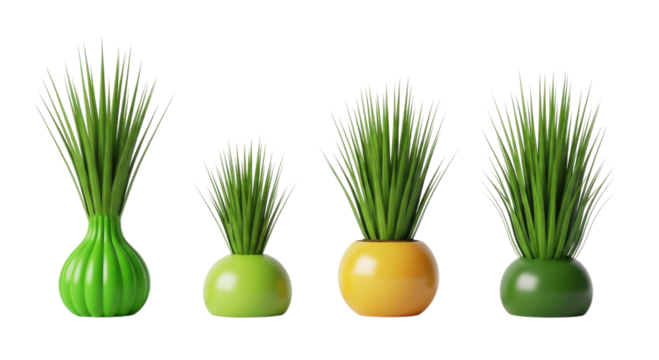 Four potted green plants with different colored pots transparent background cutout png - Powered by Adobe