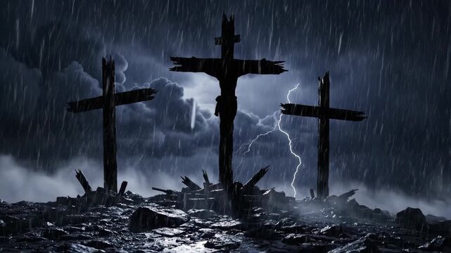 Powerful religious scene of three crosses silhouetted against a stormy sky with lightning strikes and rain, creating dramatic impact