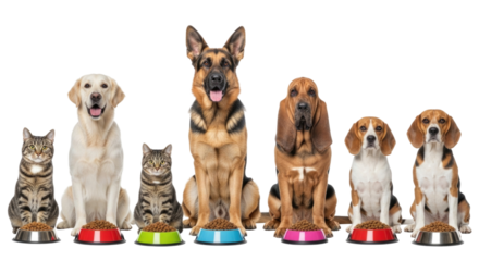 A diverse group of dogs and cats sitting in a row with their food bowls transparent background cutout png