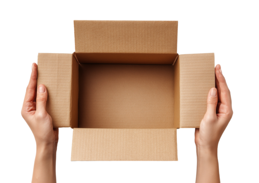 Open cardboard box held by hands isolated on transparent background
