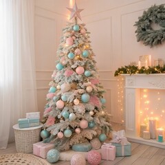 Beautifully decorated Christmas tree with pastel ornaments and gifts