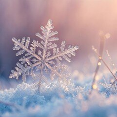 Beautiful snowflake shining in sunlight on snow background
