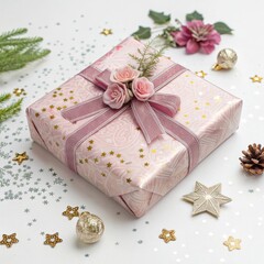 Beautifully decorated gift box with flowers and festive embellishments