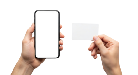 Hand holding a smartphone with a blank screen and a small card in front of a black background transparent background cutout png