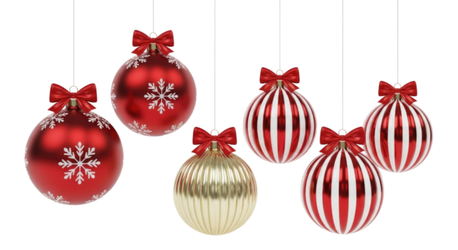 Red and white striped christmas ornaments with bows transparent background cutout png - Powered by Adobe