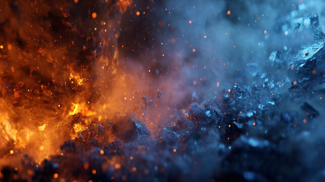 燃え盛る炎と凍りつく氷の激しい衝突、火花と氷晶が飛び散る対決の背景