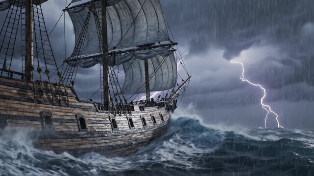 Dramatic pirate ship sailing through stormy seas with lightning strikes, perfect for adventure stories and historical drama backgrounds