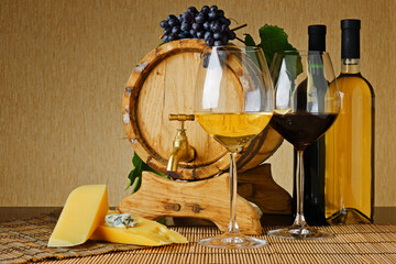 A Glass of Elegant Red Wine with a Corkscrew and Cheese Board Setup for a Romantic Evening or Holiday Celebration
