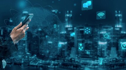A person holds a smartphone against a city skyline, surrounded by digital icons and futuristic technology, illustrating communication and innovation in urban settings. Xenic - Powered by Adobe