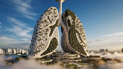 Cinematic 3D animation of a giant eco-building shaped like human lungs covered in greenery. Concept of urban air purification, solarpunk architecture, and sustainable city future.
