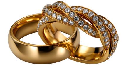 Elegant gold wedding bands entwined, symbolizing eternal love, commitment, and celebration on transparent background